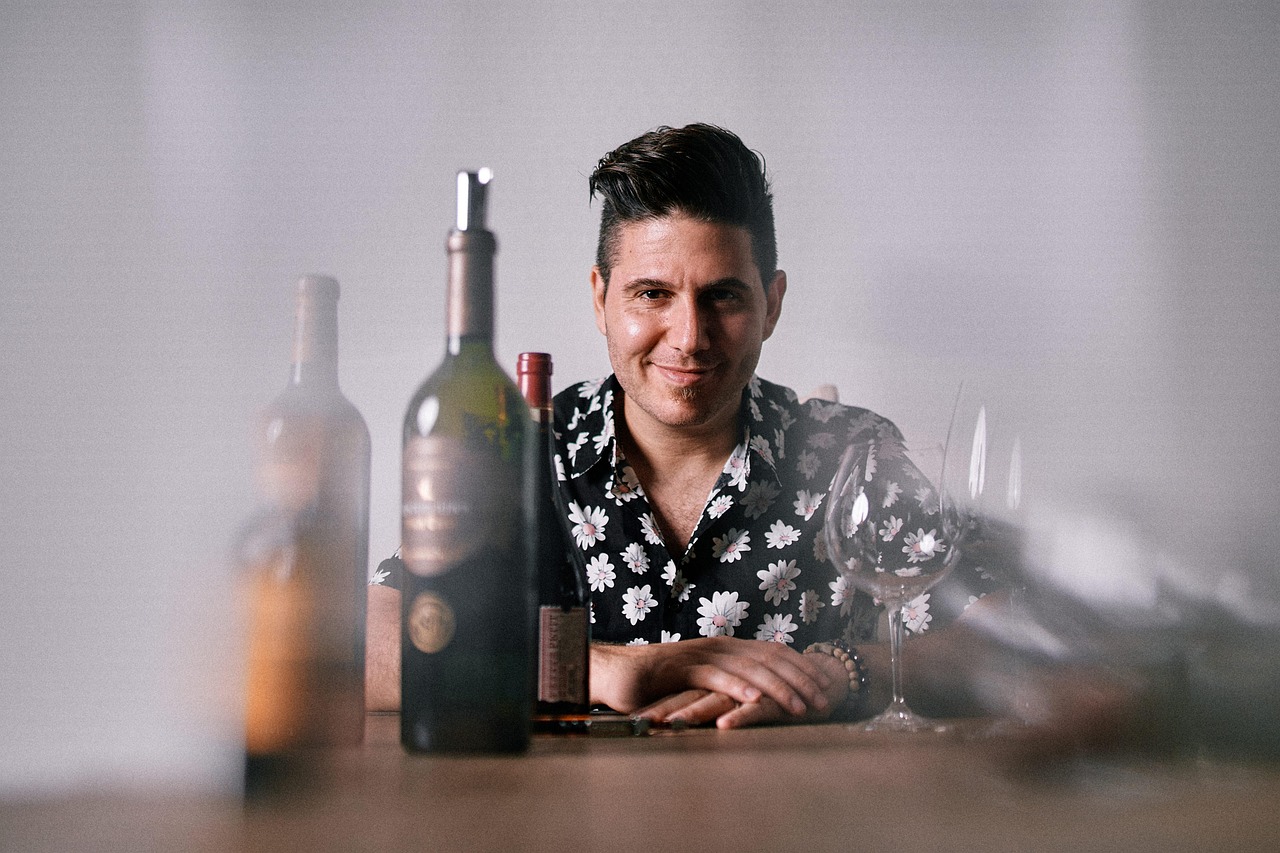man, smile, bottles, glasses, cook, bar, bartender, portrait